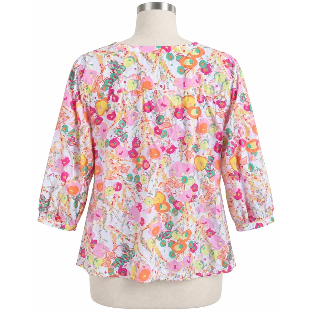 Talbots Women's LARGE Floral 100% Cotton Tunic Top 3/4 Sleeve V-Neck Pleated NEW